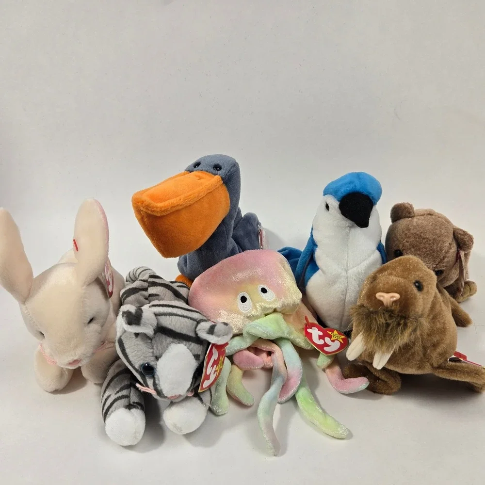 Ty Beanie Babies Lot of 7 Scoop Pelican Inky Jellyfish Stripes Tiger Paul Walrus